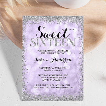Purple Silver Faux Glitter Lights Sweet 16 Invitation by printcreekstudio at Zazzle
