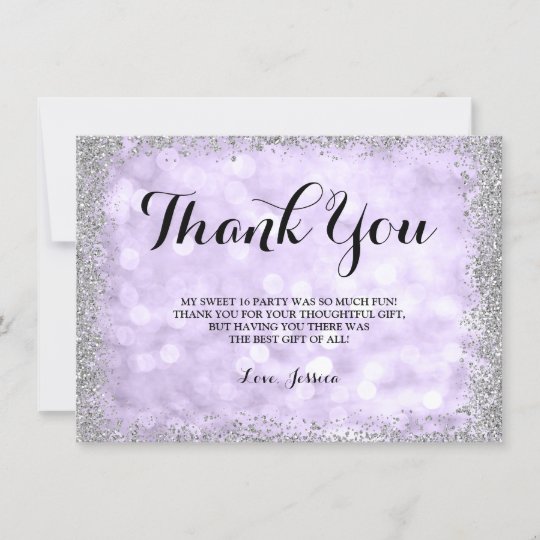 Purple Silver Faux Glitter Lights Sweet 16 Thank You Card