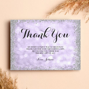 Purple Silver Faux Glitter Lights Sweet 16 Thank You Card