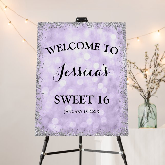 Purple Silver Faux Glitter Lights Sweet 16 Welcome Foam Board (In Situ (Stand))