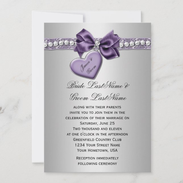 Purple Silver Faux Ribbon Diamonds Heart Locket We Invitation (Front)