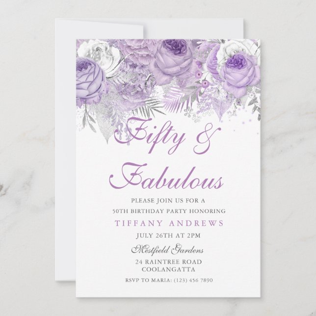 Purple Silver Fifty & Fabulous 50th Birthday Invitation (Front)
