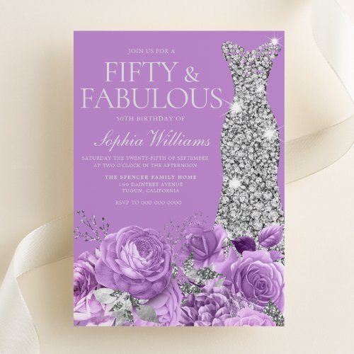 Purple  Silver Fifty  Fabulous 50th Birthday Invitation