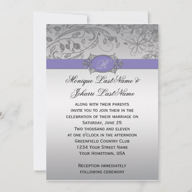 Purple Silver Filigree Monogram Wedding Invitation (Front)