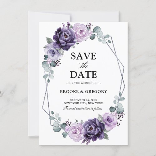 Purple Silver Floral Bloom Geometric Save the Date