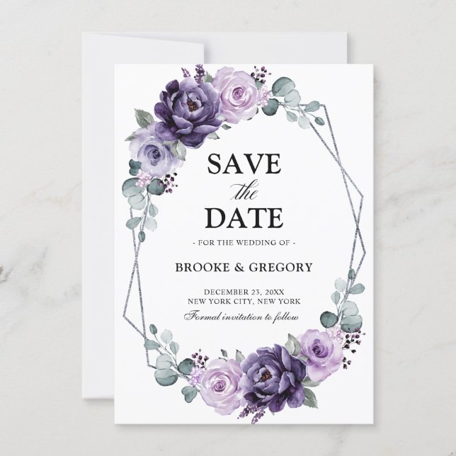Purple Silver Floral Bloom Geometric Save the Date (Front)
