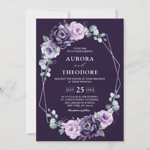 Purple Silver Floral Blooms Geometric Wedding      Invitation