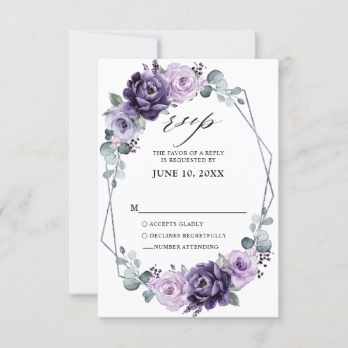 Purple Silver Floral Blooms Geometric Wedding RSVP Card