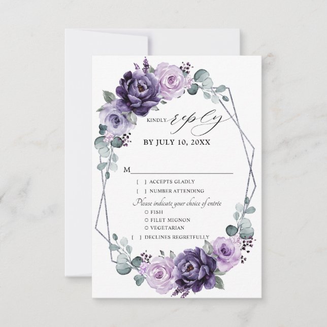 Purple Silver Floral Blooms Geometric Wedding RSVP Card (Front)