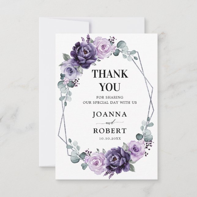 Purple Silver Floral Blooms Geometric Wedding Thank You Card (Front)