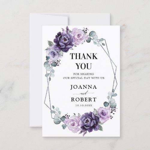 Purple Silver Floral Blooms Geometric Wedding Thank You Card