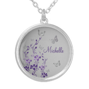 Purple, Silver Floral, Butterflies Necklace