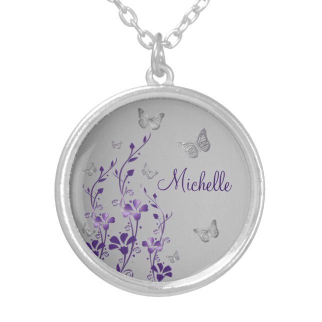 Purple, Silver Floral, Butterflies Necklace (Front)
