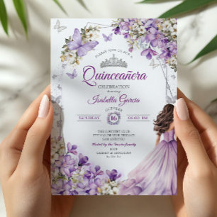 Purple Silver Floral Butterflies Quinceañera Invitation