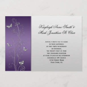 Purple Silver Floral Butterflies Wedding Invitation