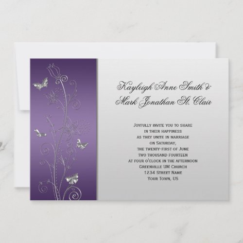 Purple Silver Floral Butterflies Wedding Invitations