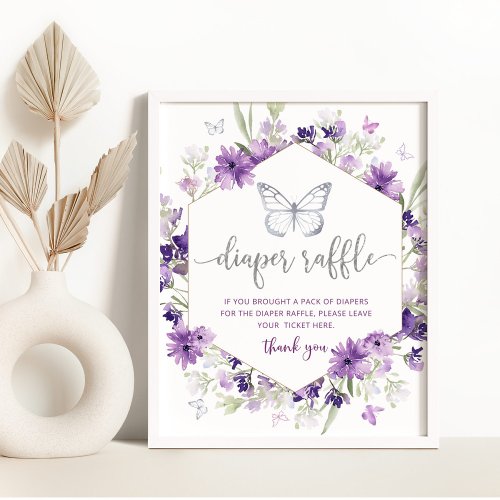 Purple silver floral Butterfly diaper raffle sign