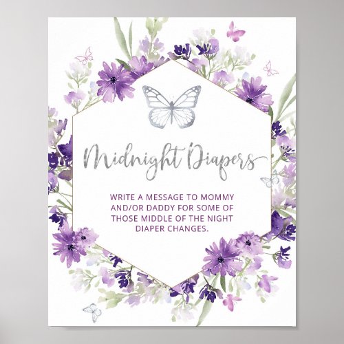Purple silver floral Butterfly Midnight diapers Po Poster
