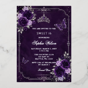Purple Silver Floral Butterfly Sweet 16 Foil Invitation