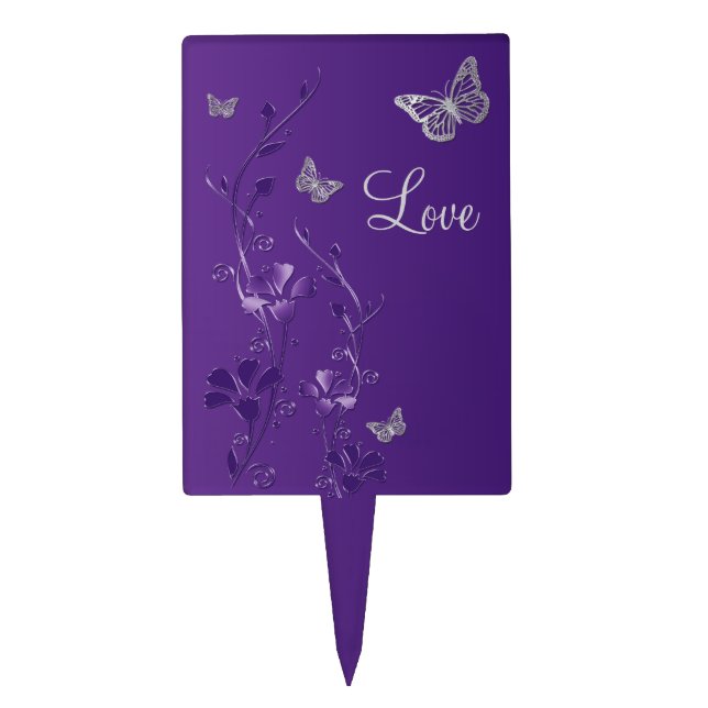 Purple Silver Floral Butterfly Wedding Cake Pick (Front)
