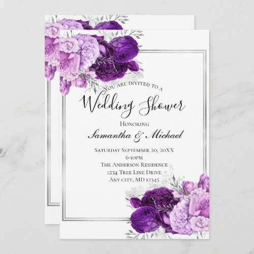 Purple Silver Floral Elegant Formal Wedding Shower Invitation