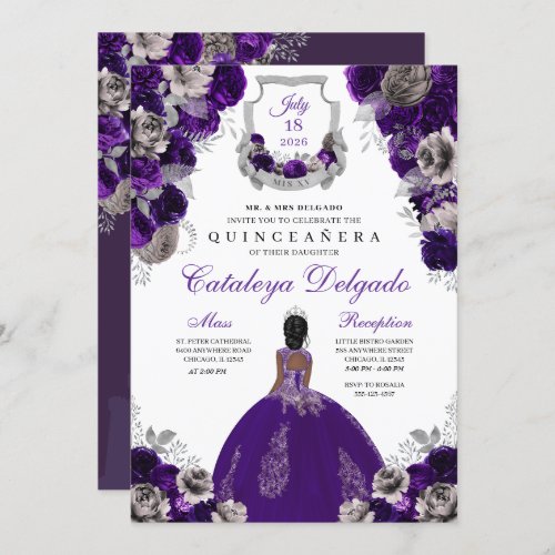 Purple  Silver Floral Elegant Quinceaera Invitation