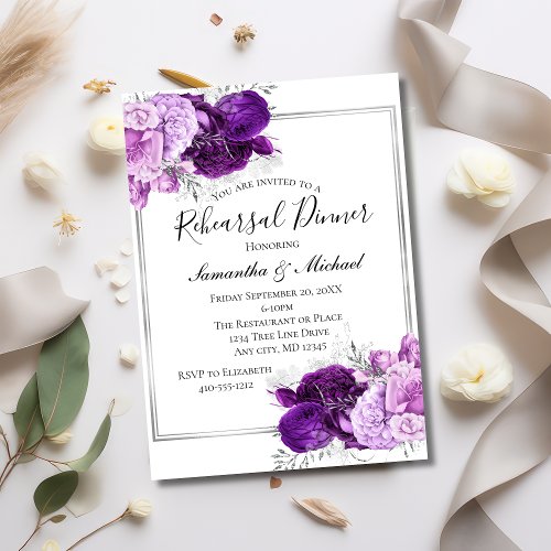 Purple Silver Floral Elegant Rehearsal Dinner Invitation