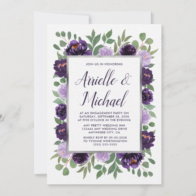 Purple Silver Floral Engagement Party Invitations (Front)