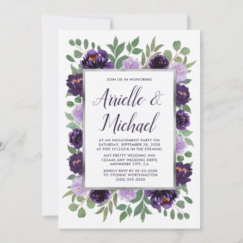 Purple Silver Floral Engagement Party Invitations