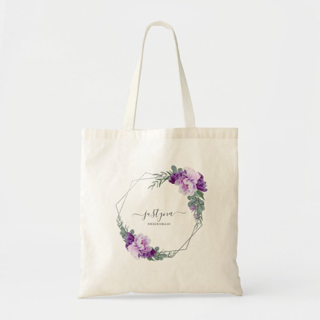 Purple & Silver Floral Eucalyptus Bridesmaid Tote Bag (Front)