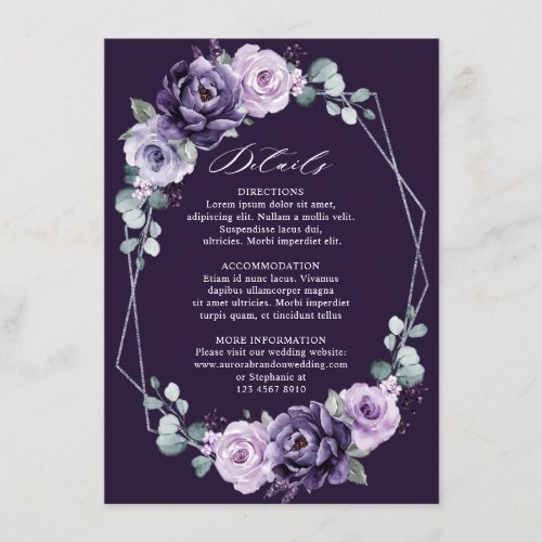 Purple Silver Floral Geometric Wedding Details  En Enclosure Card