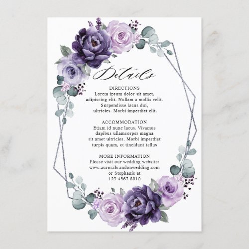 Purple Silver Floral Geometric Wedding Details  Enclosure Card