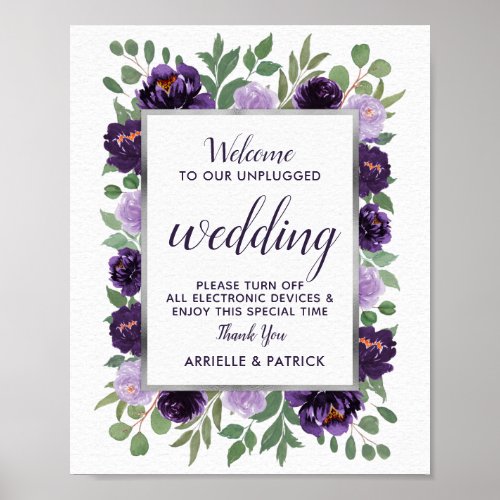 Purple Silver Floral Green Unplugged Wedding Sign