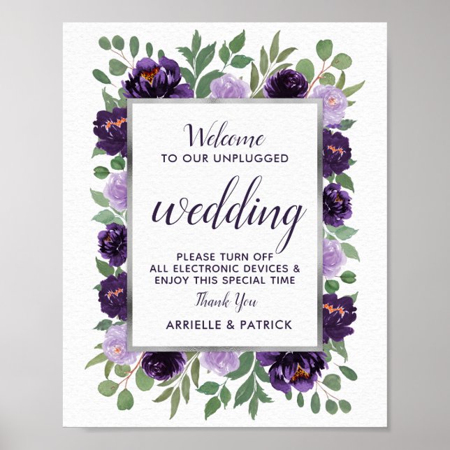 Purple Silver Floral Green Unplugged Wedding Sign (Front)
