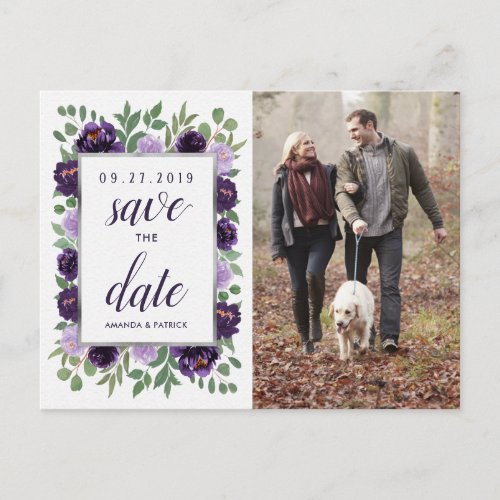 Purple Silver Floral Green Wedding Save the Date Announcement Postcard