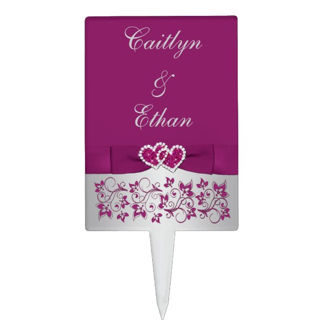 Purple Silver Floral, Hearts Wedding Cake Pick (Front)