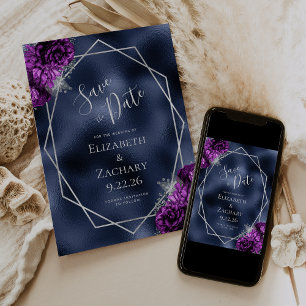 Purple Silver Floral Navy Blue Foil Save the Date