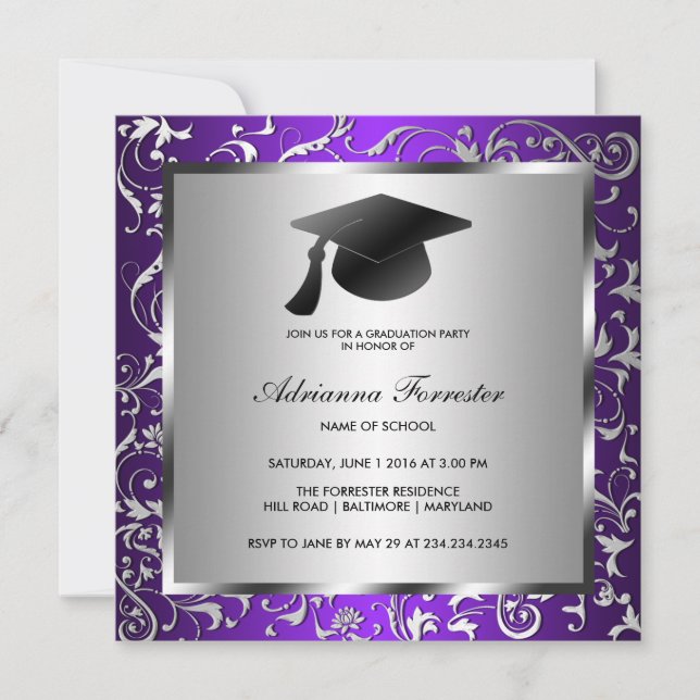 Purple Silver Floral Pattern Black Graduation Hat Invitation (Front)
