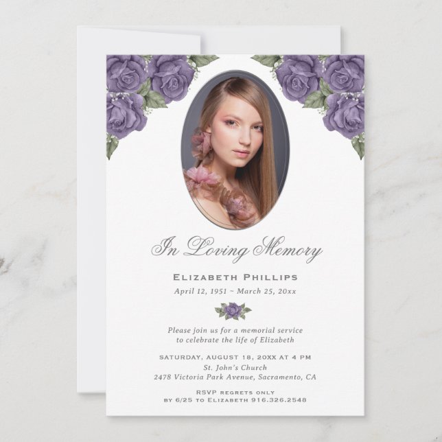 Purple Silver Floral Photo Memorial Funeral Invitation (Front)