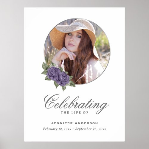 Purple Silver Floral Photo Memorial Funeral Sign