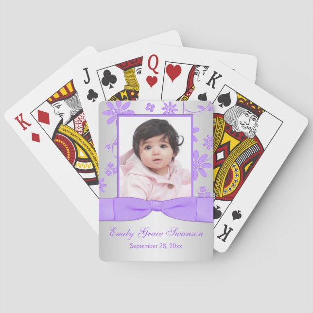 Purple, Silver Floral Photo Playing Cards (Back)