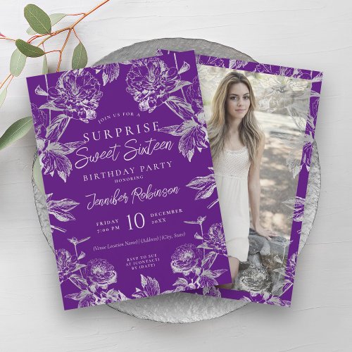 Purple Silver Floral Photo SURPRISE Sweet 16   Invitation