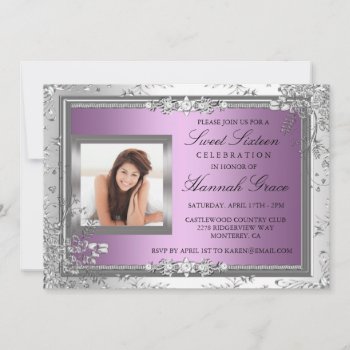Purple & Silver Floral Photo Sweet Sixteen Invite by ExclusiveZazzle at Zazzle