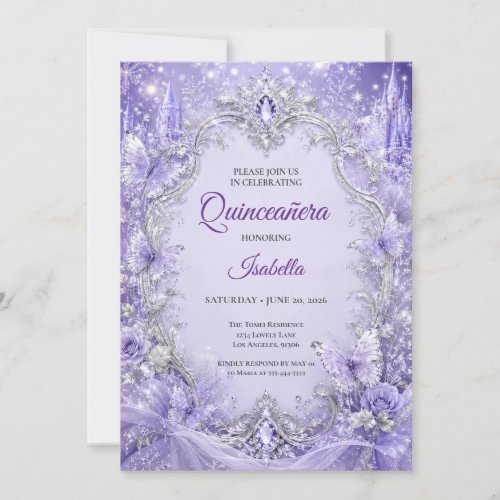Purple Silver Floral Princess Quinceañera Invitation
