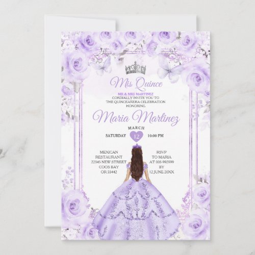 Purple  Silver Floral Princess Quiceanera Invitation