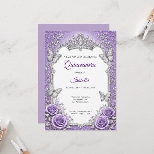Purple Silver Floral Princess Quinceañera Invitation
