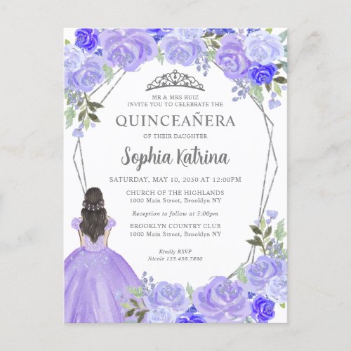 Purple Silver Floral Princess Tiara Quinceaera Postcard