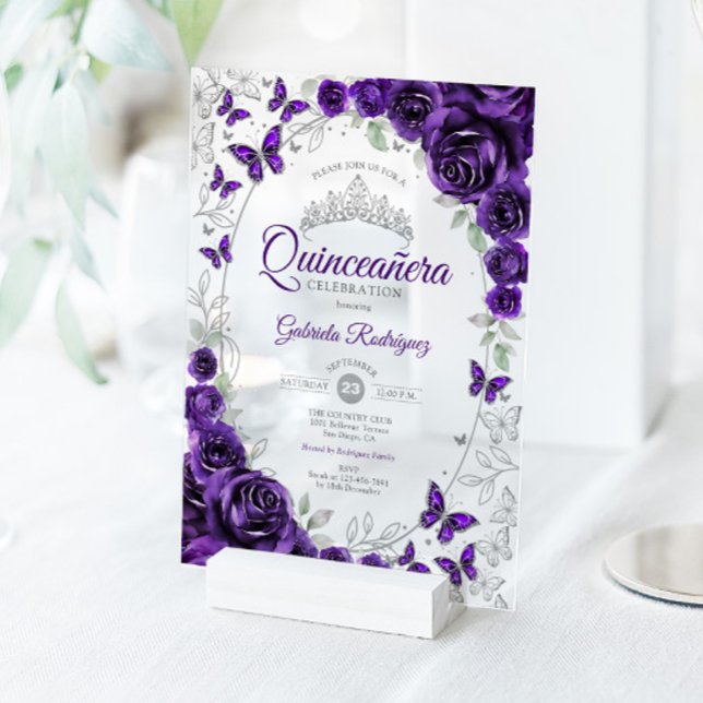 Purple Silver Floral Quinceanera Acrylic Invitations (Creator Uploaded)