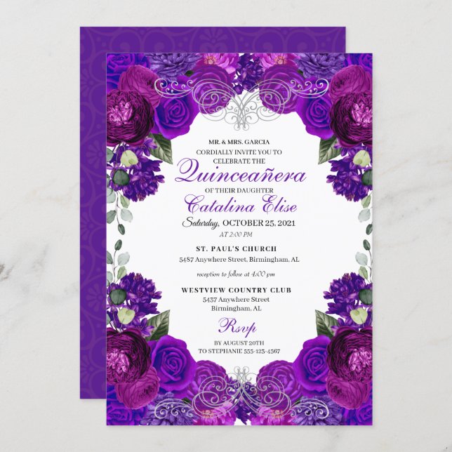 Purple & Silver Floral Quinceanera Birthday Invitation (Front/Back)