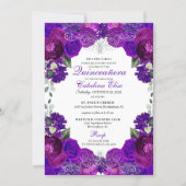 Purple & Silver Floral Quinceanera Birthday Invitation (Front)